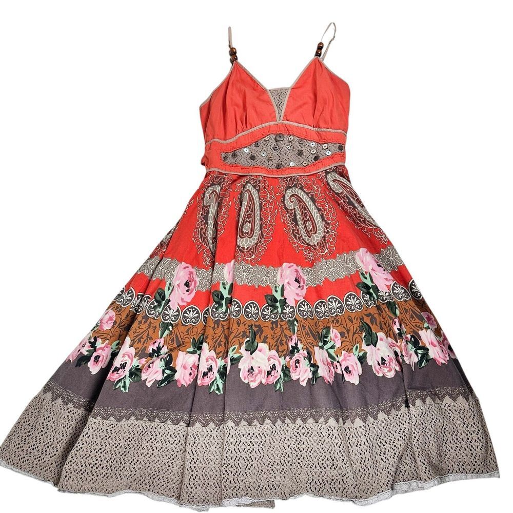 Aryeh‎ Sleeveless Colorful PatternedMidi Dress Bohemian Floral M Orange Brown